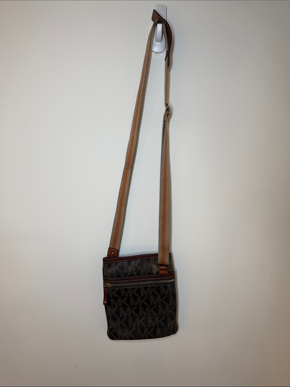 Michael Kors Dark Brown MK Logo Crossbody with Tan Strap